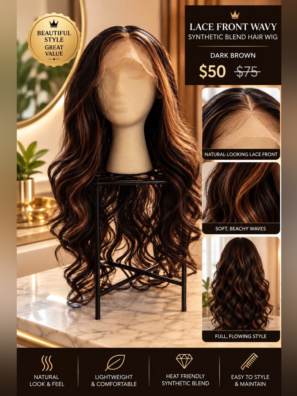 Lace Front Wavy Synthetic Blend Hair Wig - Dark Brown